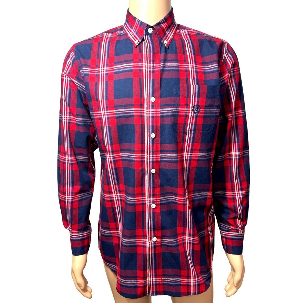 Chaps Men’s Easy Care Button Down Shirt Vtg M Red Blue Bold Plaid Long Sleeve